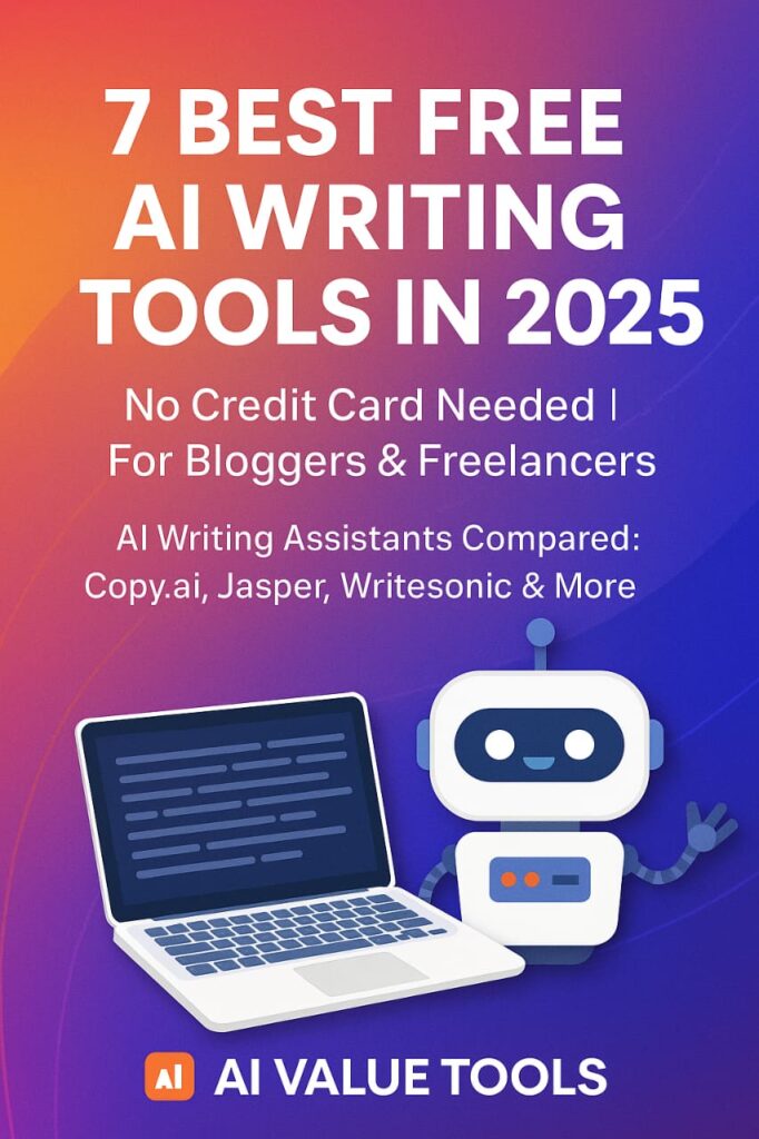 “Illustration showing laptop and robot promoting best free AI writing tools for bloggers in 2025 – AI Value Tools”