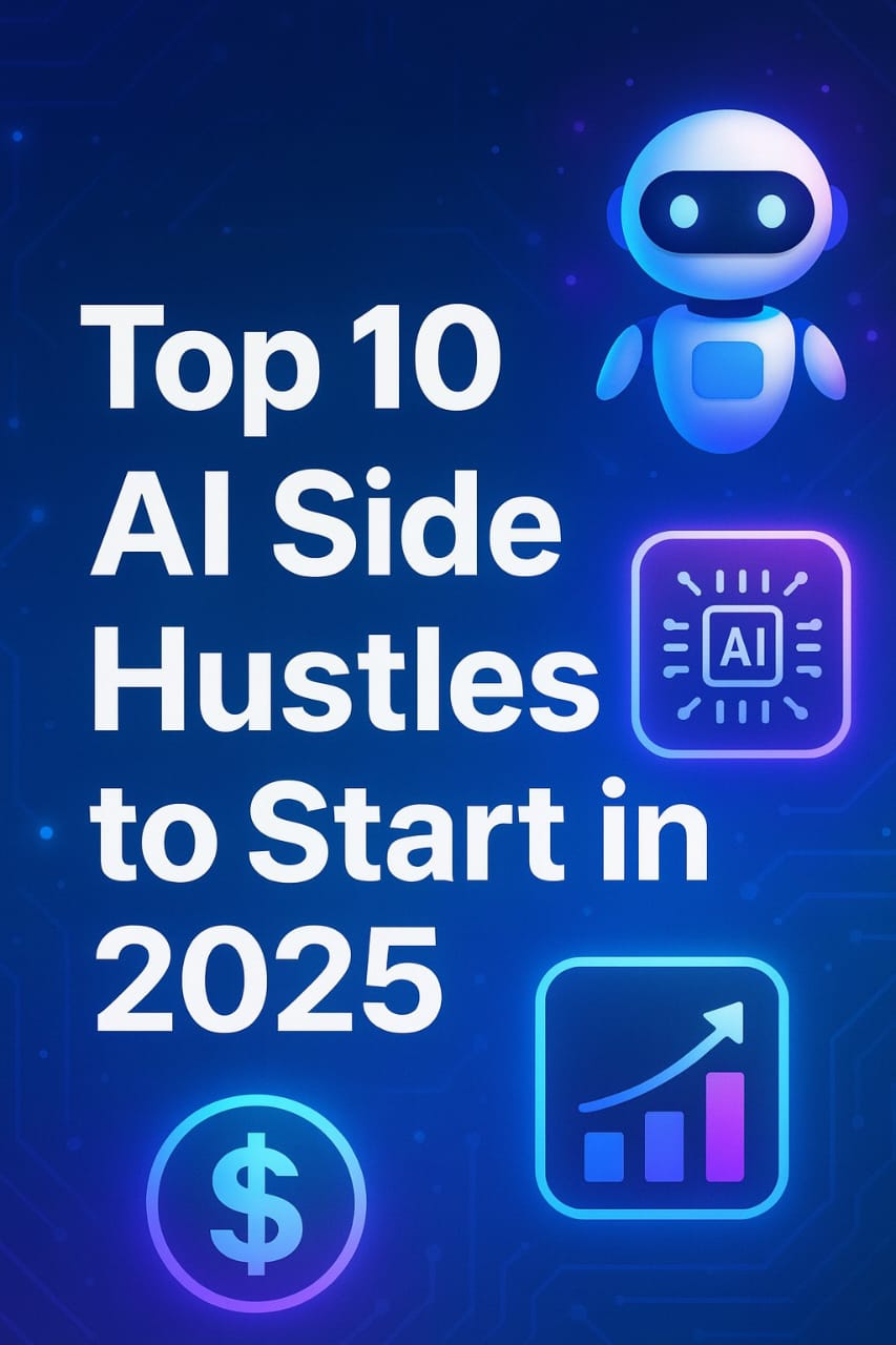Top 10 AI Side Hustles to Start in 2025 – Digital Featured Image with AI icons and technology graphics