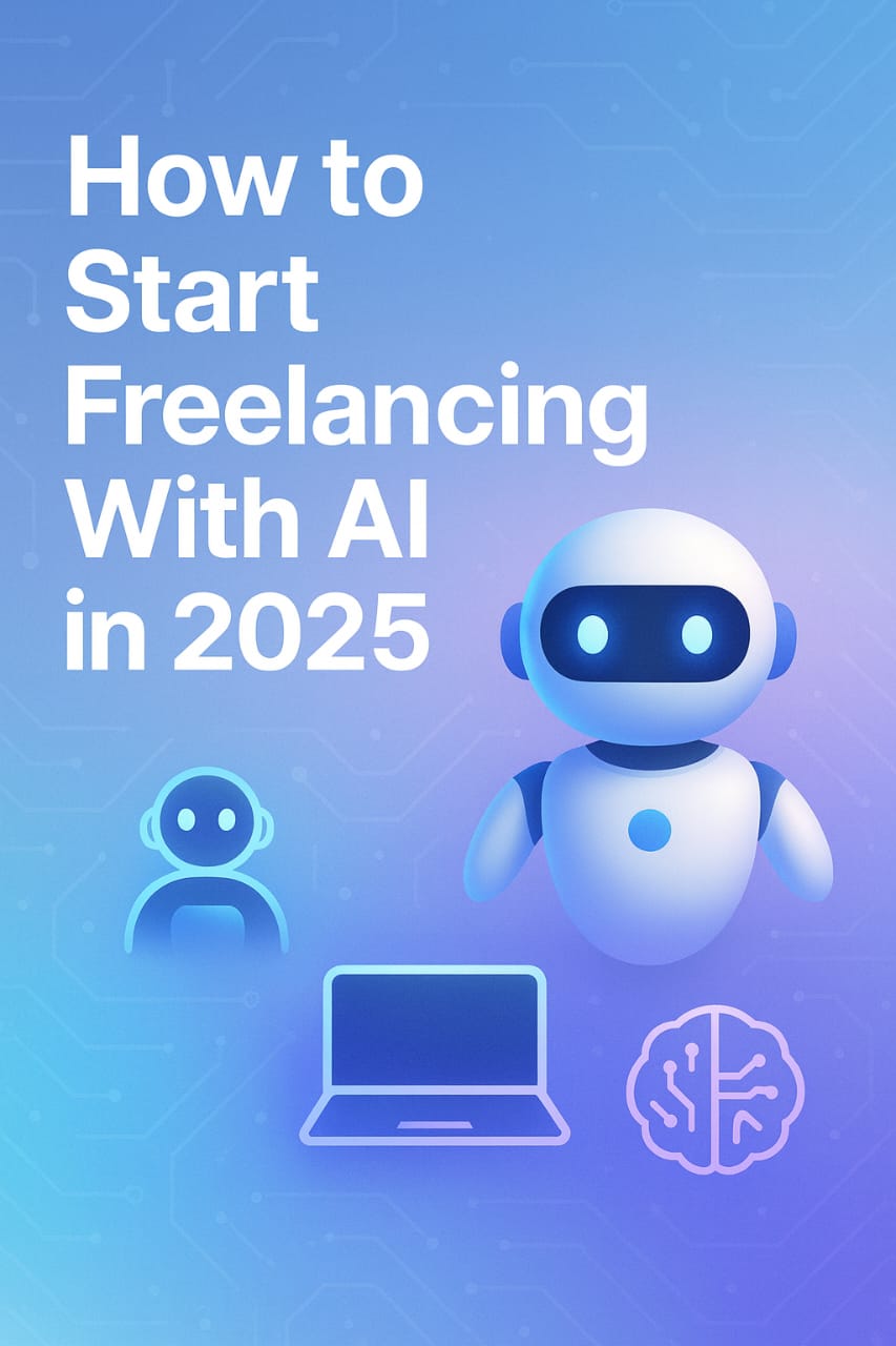 Illustration showing a friendly AI robot with text “How to Start Freelancing With AI in 2025” in a futuristic blue tech background.