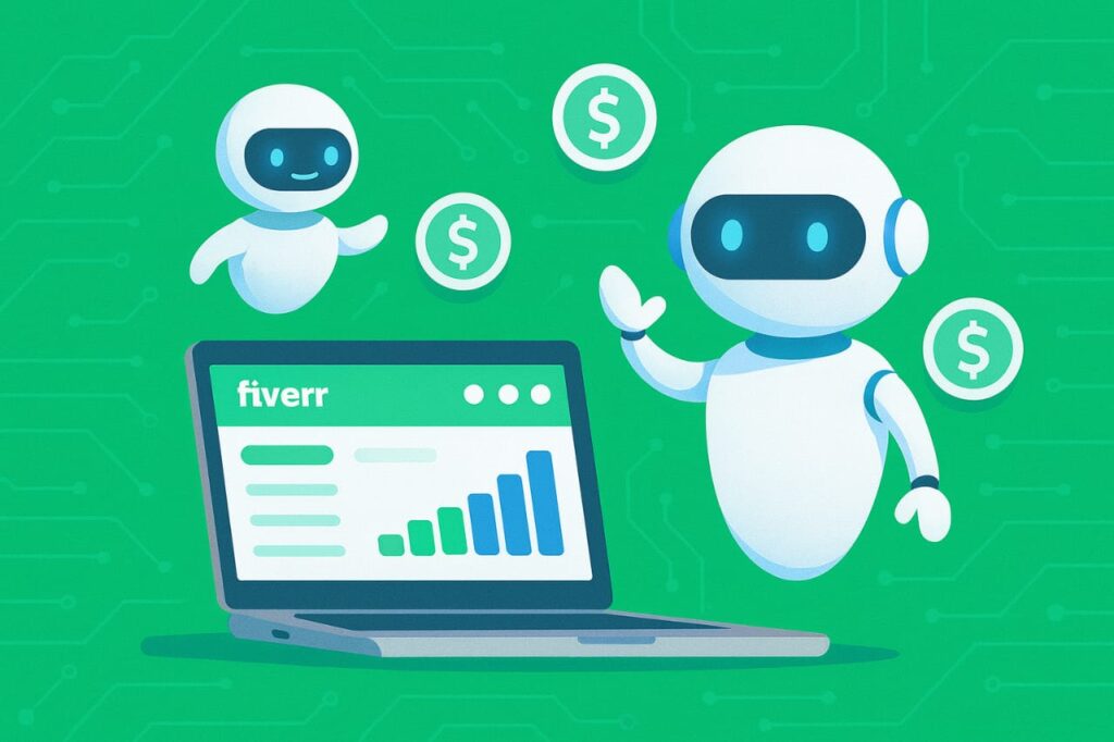 "AI robots helping a freelancer make money on Fiverr with a laptop — freelancing with AI illustration."