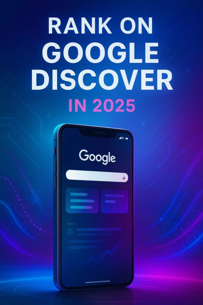 "Smartphone showing Google Discover feed with vibrant blue and purple gradients — featured image for How to Rank on Google Discover in 2025."