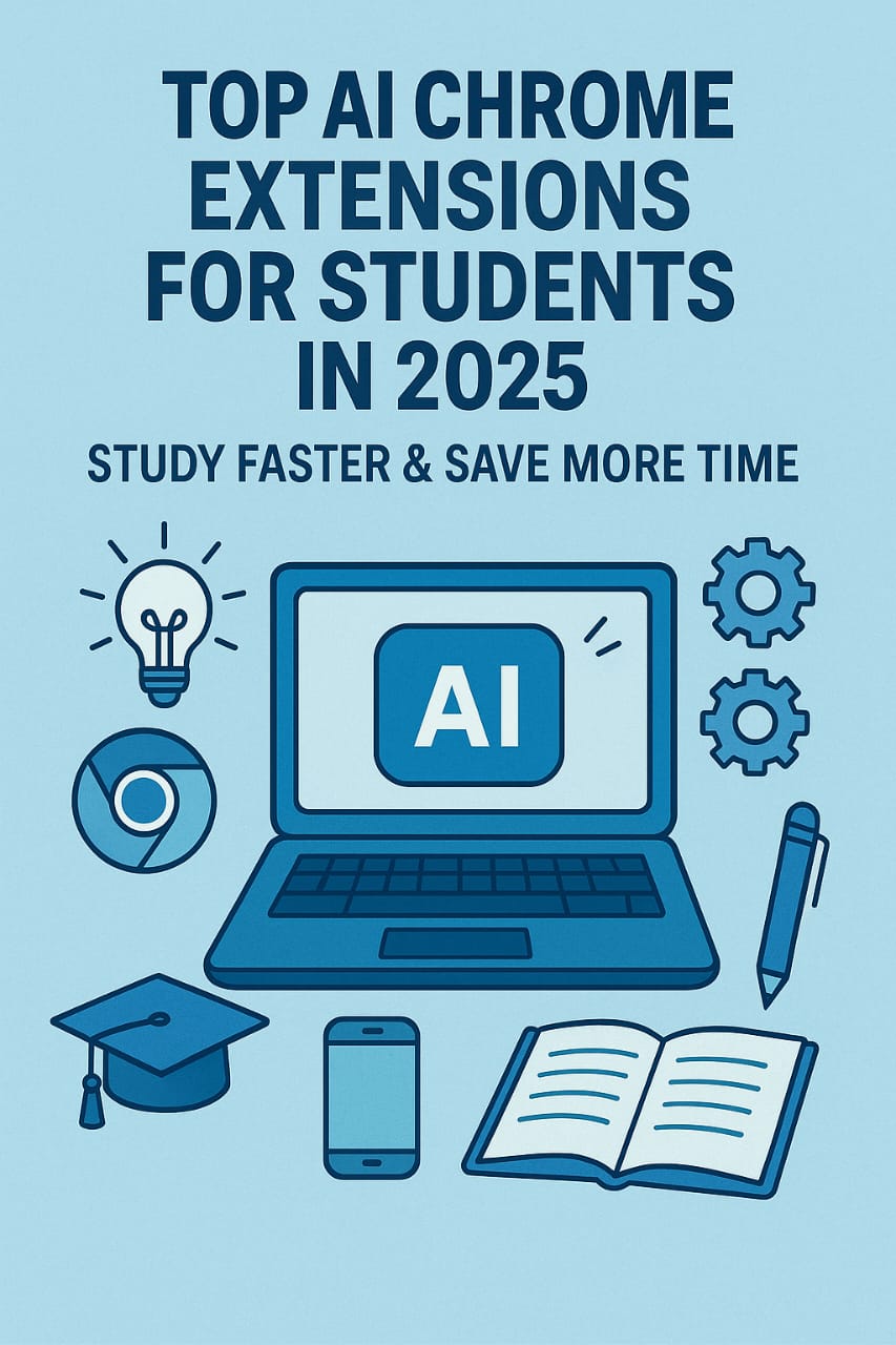 Top AI Chrome extensions for students in 2025 illustrated on a study desk graphic