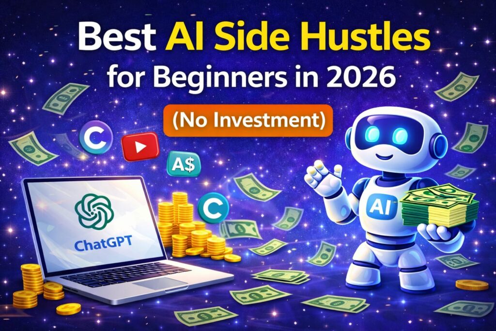 Best AI side hustles for beginners in 2026 with no investment, showing AI tools like ChatGPT for earning money online.